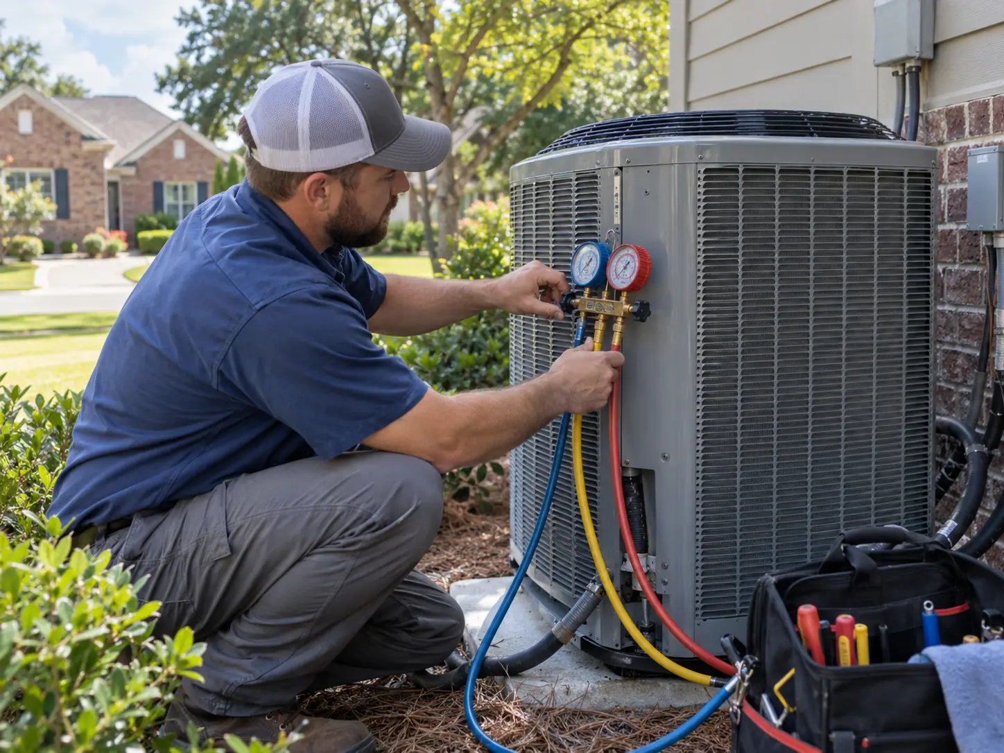 HVAC technician using refrigerant gauges to diagnose a residential air conditioning system