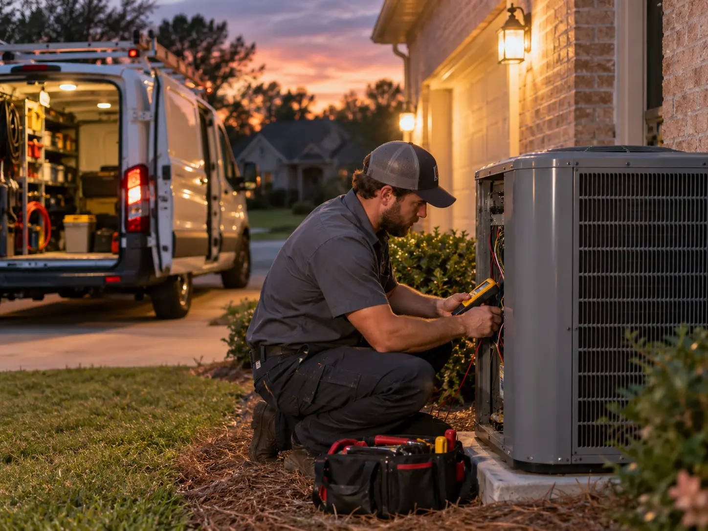 Residential HVAC service call in the evening with a technician arriving at a home